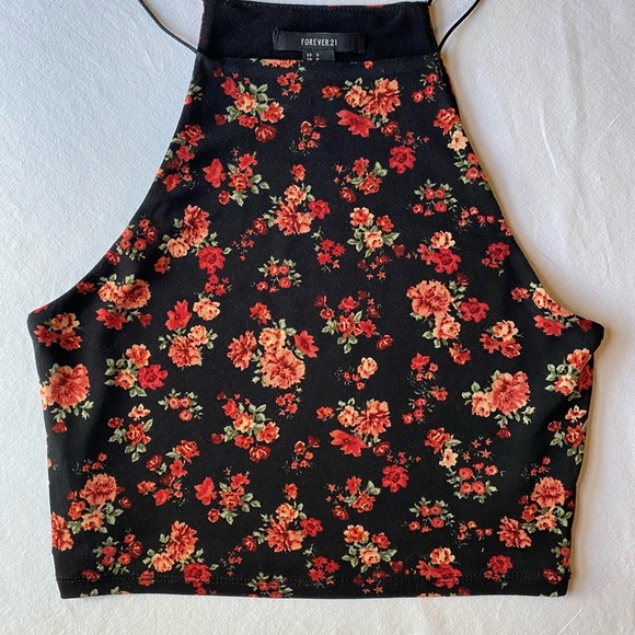 Y2K Forever 21 Black Floral Cropped Tank Top - Picture 1 of 6